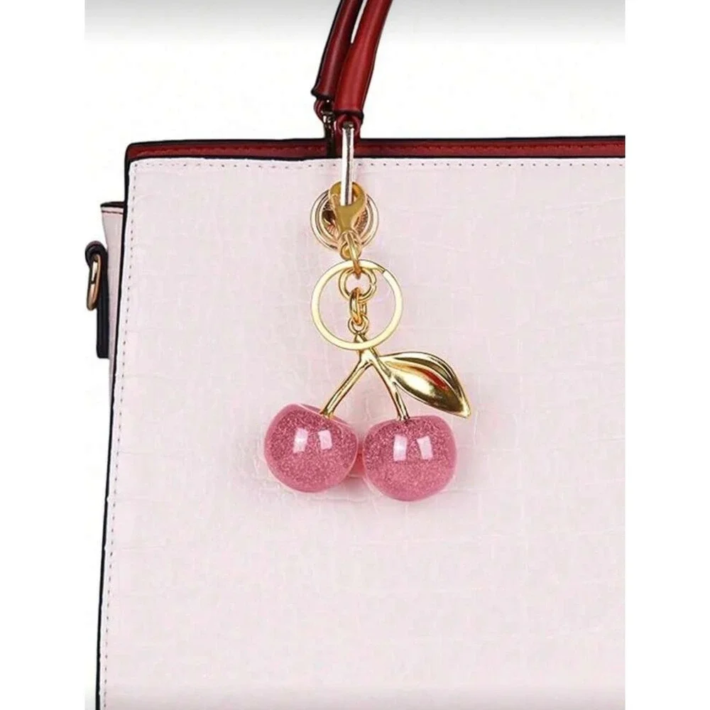 Pink Glitter Cherry‎ Bag Charm Keychain Gold Tone Resin Fruit Pendant Accessory